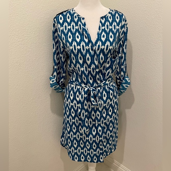 Maeve Dresses & Skirts - Maeve Anthropologie Ikat Print Shirt Dress Medium Blue White Belted